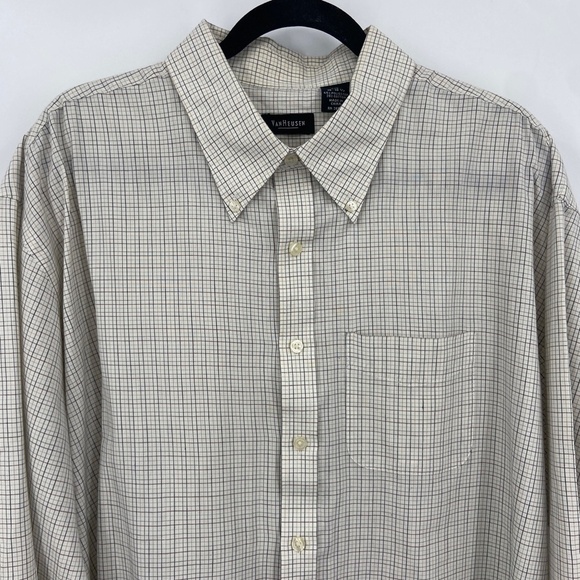 VAN HEUSEN Men's Cream Gray Plaid Long Sleeve Button Up Collared Dress Shirt XXL - Picture 3 of 4